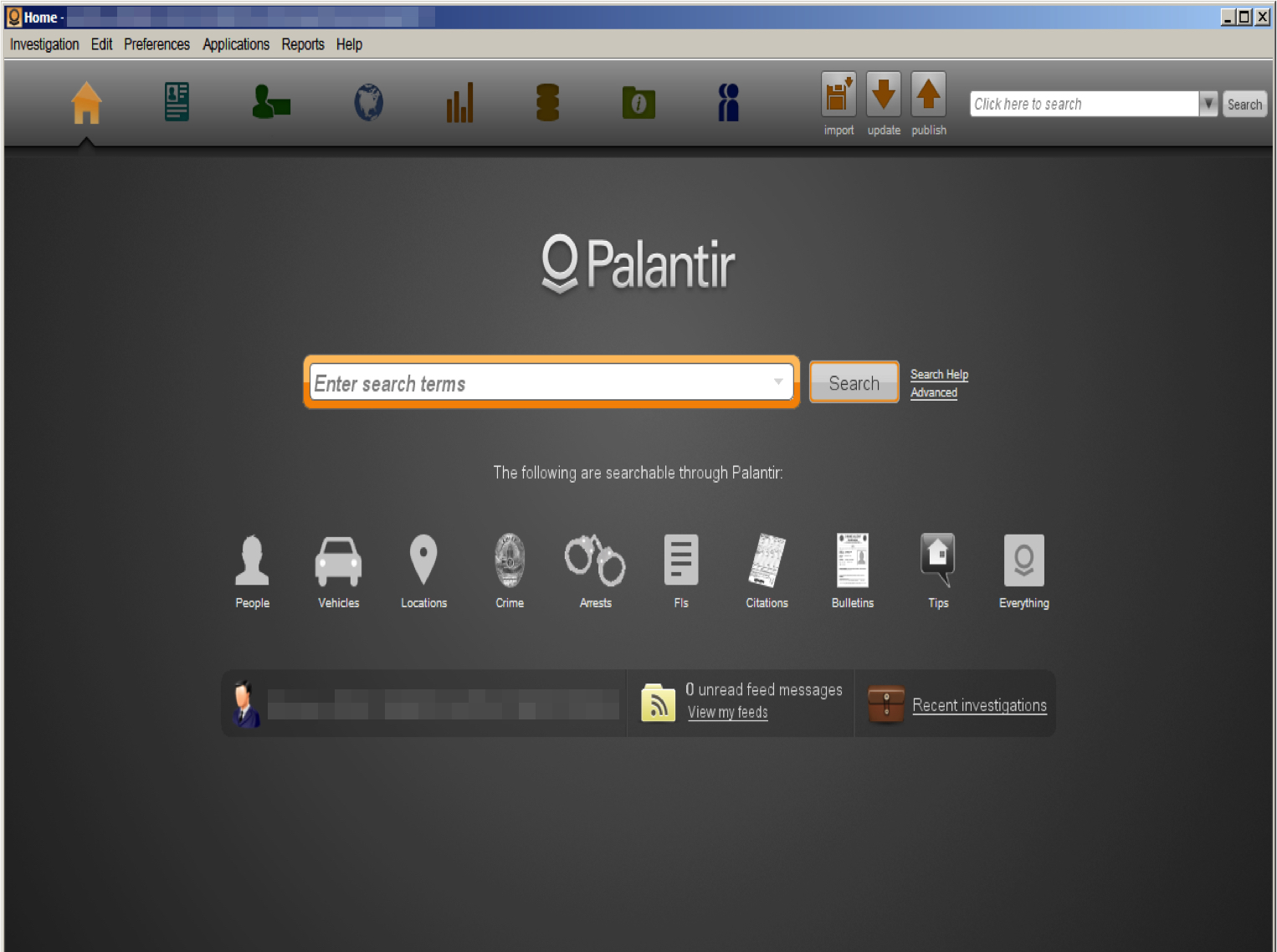 A screenshot of a Palantir search screen: a search box above icons for People, Vehicles, Locations, Crime, Arrests, FIs, Citations, Bulletins, Tips, and Everything.